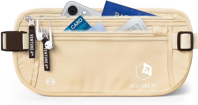 VENTURE 4TH Travel Money Belt, RFID Blocking Passport Holder - Beige by VENTURE4TH