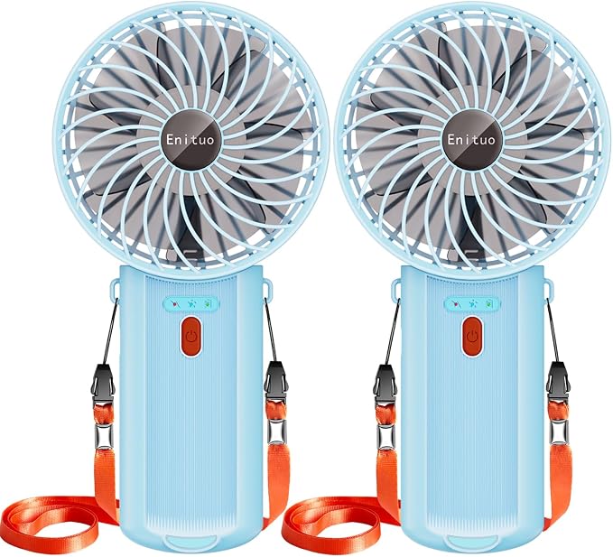 2 Pack Portable Handheld Fan, Mini Hand Held Fan, 6-15H Cooling Small Personal Fan, 180° Foldable Mini Desk Fan with 4 Quiet Speed, Neck Fan w/Lanyard for Kids Women Men Travel Office, Light Blue by Enituo