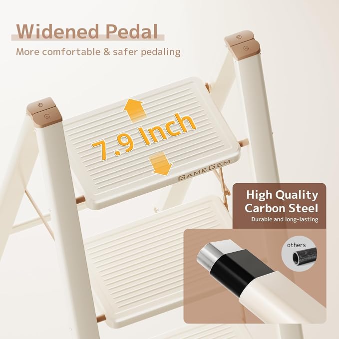 2 Step Ladder, Foldable Step Stool with Wide Anti-Slip Pedal | Portable, Sturdy Carbon Steel, 330LBS Capacity, Easy Storage, Space Saving, for Kitchen, Closet, Cream Chocolate - Image 3