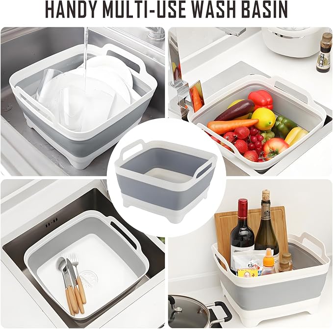 Collapsible Dish Basin with Drain Plug, 9L 2.4 Gallon Portable Wash Basin Dishpan Space Saving Dish Washing Tub Foldable Sink Tub Kitchen Storage Tray Grey - Image 5