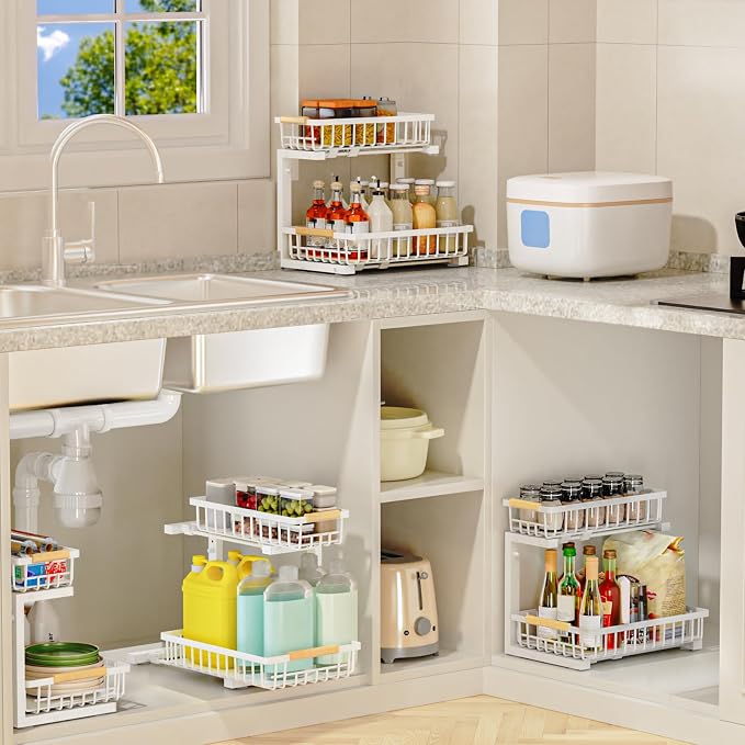 2Pcs Under Sink Organizer, Adjustable Under Sink Organizers and Storage, 2-Tier Pull Out Under Kitchen Sink Organizer, Sliding Out Metal Under Bathroom Sink Organizer for Kitchen Pantry White - Image 7