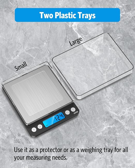 AMIR Digital Kitchen Scale, 500g/0.01g Mini Pocket Jewelry Scale, Cooking Food Scale with Backlit LCD Display, 2 Trays, 6 Units, Auto Off, Tare, PCS Function, Stainless Steel, Battery Included, Black - Image 3