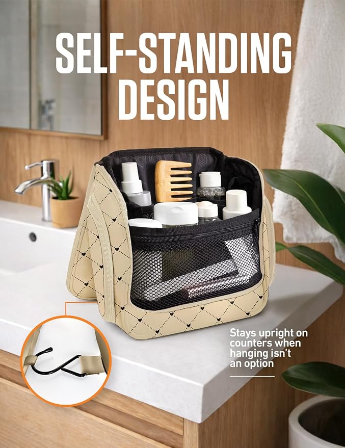 VENTURE 4TH Hanging Travel Toiletry Bag, 17 Compartments - Beige Diamonds | Hangs on rails, hooks or doors; stands upright too. Removable TSA pouch. Water-resistant 900D Nylon, reinforced stitching. - Image 5
