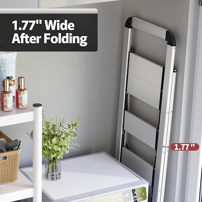 KINGRACK Aluminium 5 Step Ladder, Lightweight Step Stool with Non-Skid Pedals, Handrail, Foldable Step Ladder for Kitchen, Garage, Home, Space Saving, Sturdy and Portable, Silver - Image 3