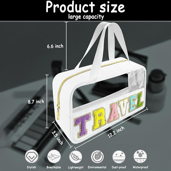 Bunliuys Chenille Letter Clear Makeup Bag Travel Patch, Travel Toiletry Makeup Bag with Handle, Nylon Waterproof Makeup Bags clear cosmetic bag, preppy patch makeup bag for Women (TRAVEL-White) - Image 2