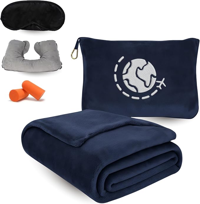 Travel Blanket and Pillow Compact – 4-in-1 Soft Fleece Airplane Blanket with Bag Pillowcase, Neck Pillow, Eye Mask & Earplugs, Lightweight Portable Flight Blanket 60"x43" (Navy) by country305