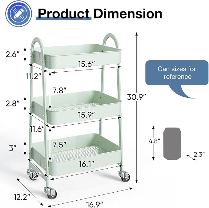 OLIXIS Metal 3 Tiers Rolling Storage Utility Cart with Lockable Wheels | Mobile Organizer Shelf, Space-Saving, Freestanding, Bathroom, Living Room, Slim, Narrow Corner Spaces, Pale Green - Image 4