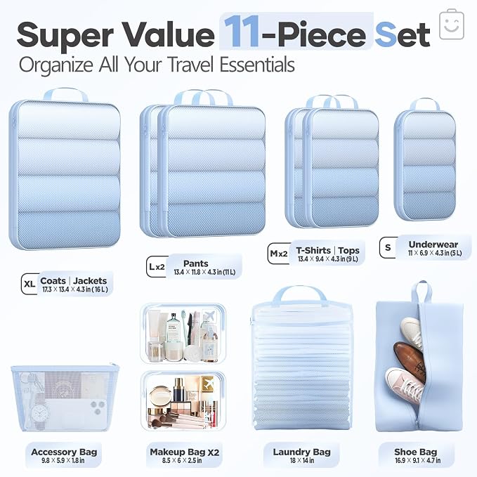 Veken 11 Set Compression Packing Cubes Garment Bags for Travel Essentials,Compressible Expandable Luggage Organizer Bags for Clothing,Space Saver Bags with Over 1000 pcs of Mesh Holes(Light Blue) - Image 2