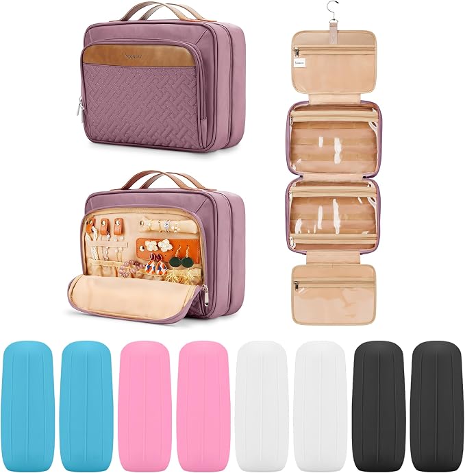 Travel Hanging Toiletry Bag for Women and Men, with 8 Leak Proofing Silicone Bottle Covers, Waterproof Makeup Accessories, Cosmetic Essentials, Toiletries Dopp Kit Set with Jewelry Organizer, Purple by COOSKY