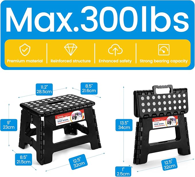 Folding Step Stool 9 Inch, Non-Slip Foldable Stools for Kids, Black | Heavy Duty Collapsible Foot Stool, Lightweight, Holds 300 lb for Toddler/Adults Kitchen Bathroom Bedroom Outdoor, with Handle - Image 4