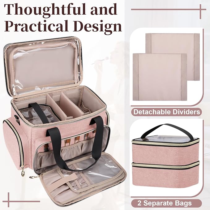 GDNasist Large Makeup Bag, Portable Travel Makeup Bag Organizer | Cosmetic Travel Bag for Women Girls with 2 Removable Pouches & Detachable Dividers, Toiletry Bag for Makeup and Hair Supplies - Image 7