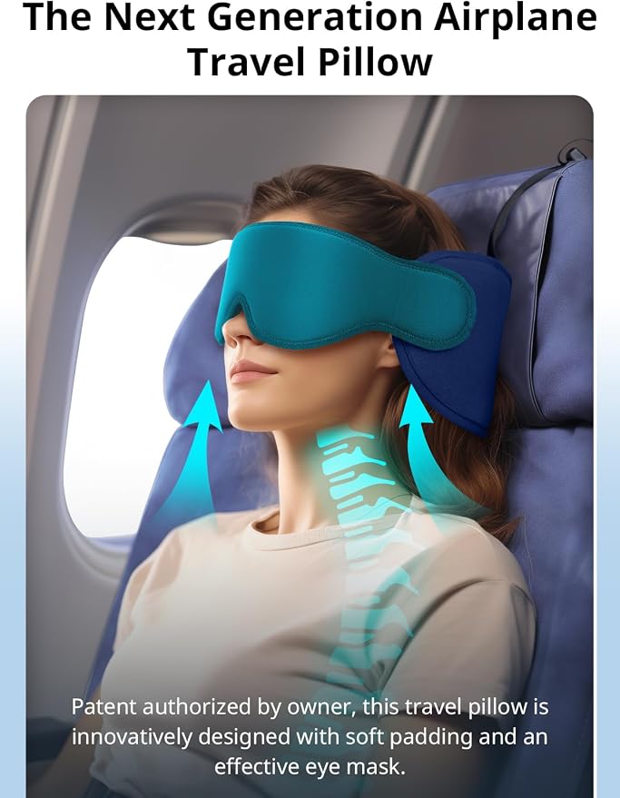 Travel Pillow for Airplane, 360° Head Support for Long Flight | Seat Strap System, On Headrest, Stable Comfort, Stop Bobblehead, 3D Eye Mask Airplane Pillow, Travel Accessories, Royal Blue - Image 3