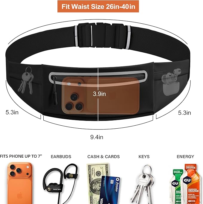 Slim Running Belt for Women Men,Phone Holder Waist Pack,Runners Fanny Pack | No-Bounce,Sweat-Proof Pocket,Travel Money Pouch for Gym/Hiking/Cycling,Three pocket,Two Highly Reflective Strips - Image 3