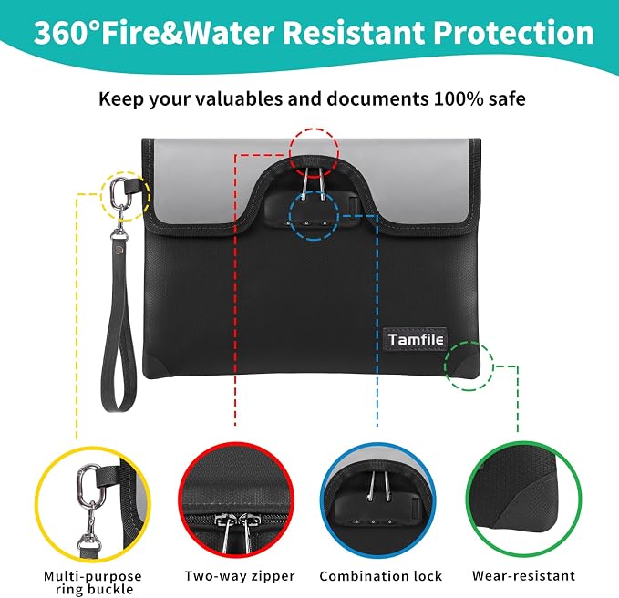 5200°F Fireproof Money Bag with Lock, Water Fireproof Document Bag with Zipper, 8 Layers Fire Insulation, Small Fireproof Safe Storage Pouch with Lock for Cash, Passport, (8.3" x 11", Black) - Image 6