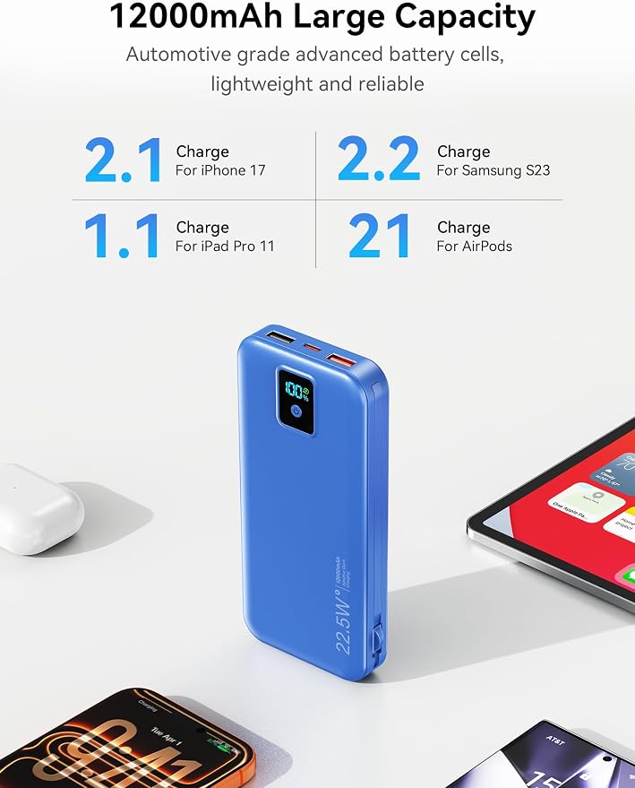 Portable Charger 12000mAh 22.5W w/Built-in Cable & Wall Plug Navy | 22.5W fast charging, LED display, Charging 5 devices at once, Pass through charging, TSA approved, Compatible with iPhone - Image 5
