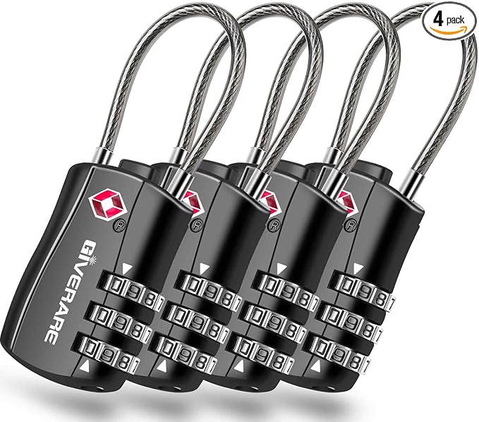 GIVERARE 4 Pack TSA Approved Luggage Locks, Combination Travel Cable Lock, Re-settable 3-Digit Padlocks with Alloy Body, Keyless TSA Padlock for Gym Locker, Golf Bag Case-Black by GIVERARE