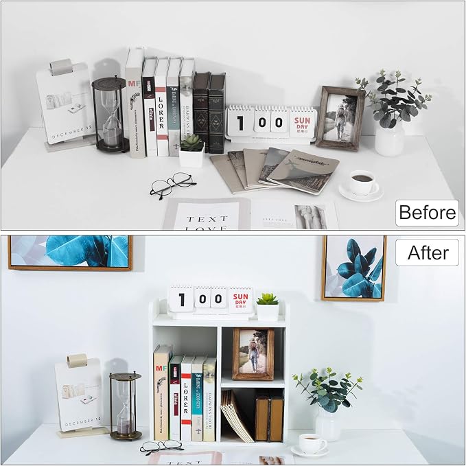 Desktop Shelf Freestanding Wood Small Bookshelf Desk Supplies Organizers and Accessories Storage Display Rack Office Decor for Women, White - Image 6