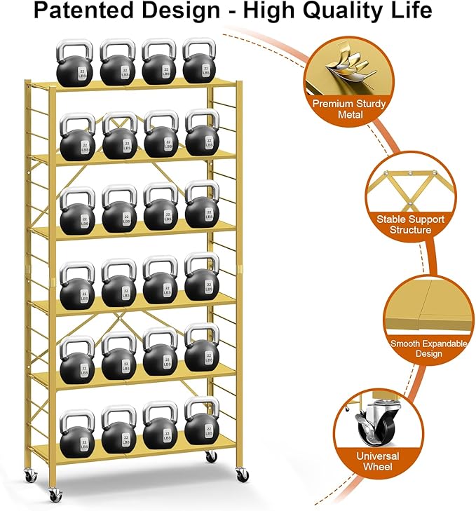 Himix 6-Tier Foldable Storage Shelves Expandable Shelf Wheels Gold 2-in-1 | Folding shelving units, Metal collapsible organization, Changeable into 2 shelf units, Bookshelf, Garage, Holds 3600 Ibs - Image 6
