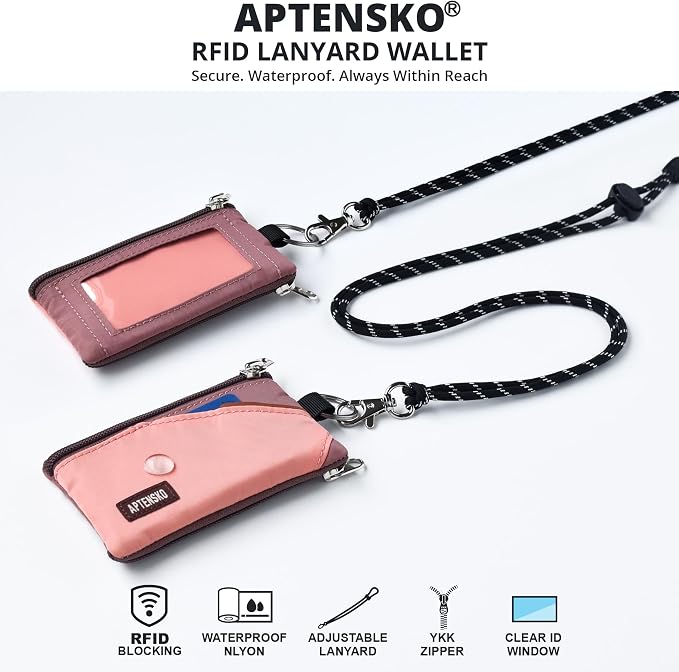 RFID Blocking Travel Wallet with Adjustable Lanyard, Small Nylon Zipper Pouch and Badge Holder for ID, Credit Cards, Cash, Keys, Commuters (CoralBlush+Mauve) - Image 2