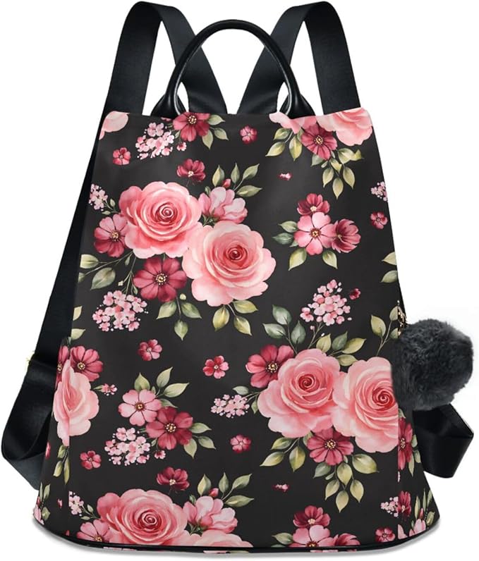 ALAZA Rose Flowers Floral Black Backpack Purse for Women Anti Theft Fashion Back Pack Shoulder Bag by ALAZA