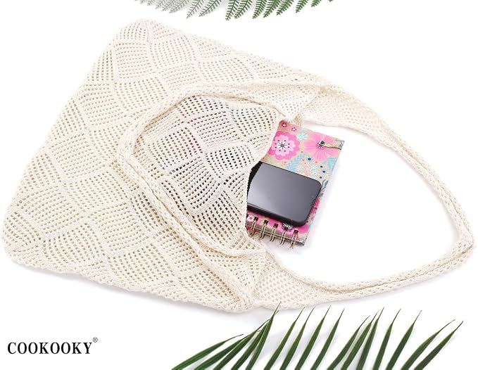 COOKOOKY Crochet Beach Tote bag Summer Beach Bag for Women Aesthetic Mesh Tote Bag Hippie Bag Knit Bag - Image 4