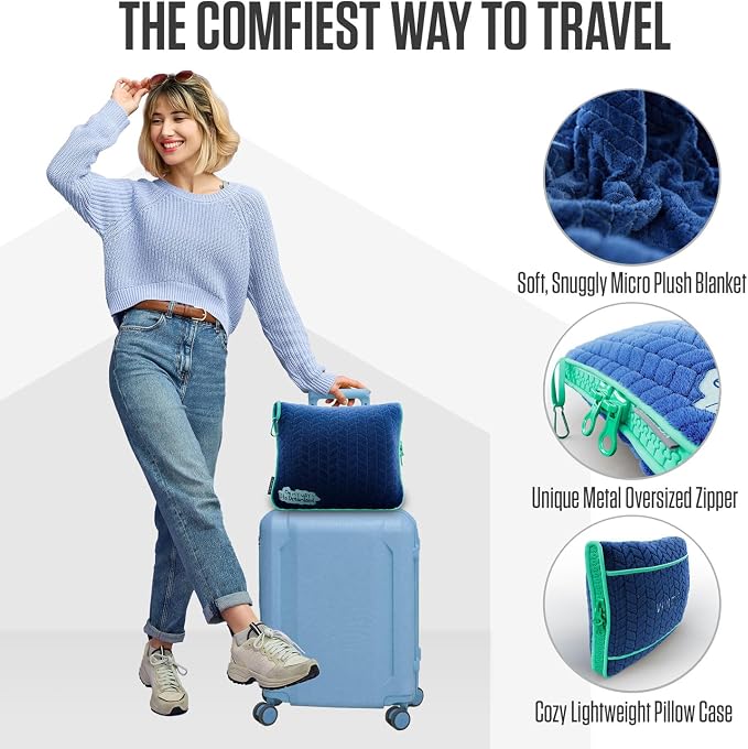 VENTURE 4TH Travel Blanket Pillow, 2-in-1 Soft Plush - Navy/Teal | 68"x42" ultra-soft micro plush Blanket. Folds into portable Pillow Case with Travel Sleeve & Clip. Lint-free, no shedding. - Image 3