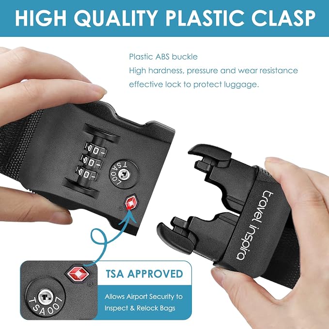 Travel Inspira Luggage Straps for Suitcases with TSA Lock | Heavy-Duty Nylon; TSA-Approved Lock with Tag; Adjustable 103-200cm; Secure Black Strap; 20-28 Inch Bags; Anti-Burst - Image 5