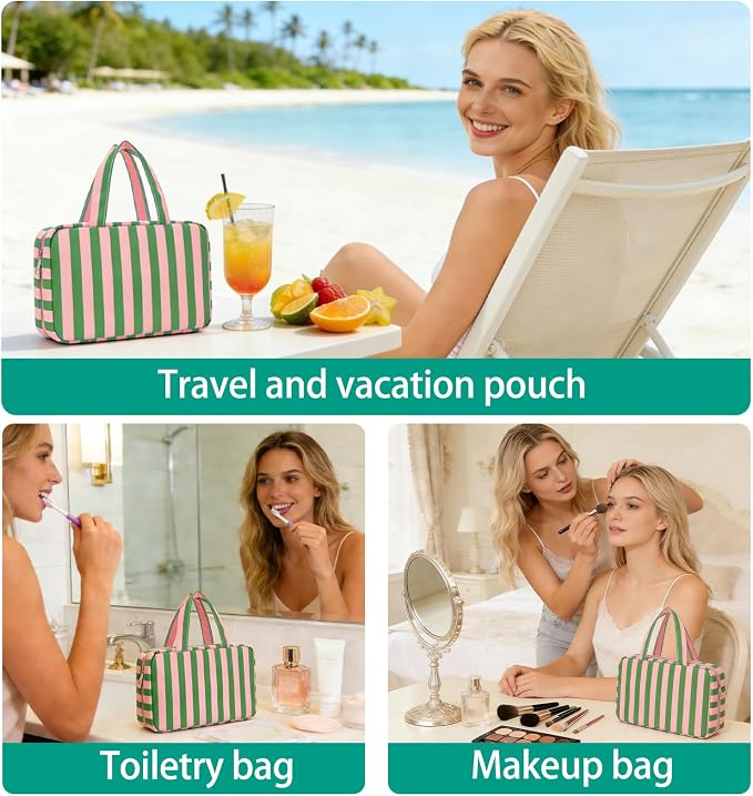 Toiletry Bag for Women Travel Water-resistant Cosmetic Bag Fashion Stripes Makeup Bag with Hanging Hook Preppy for Store Toiletries Cosmetic Accessories Medium Green - Image 6