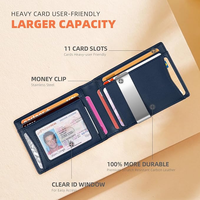 RUNBOX Slim Wallet for Men - RFID Blocking Leather Bifold with Money Clip | Minimalist Front Pocket Wallet Holds 11 Cards,Slim Thin Design,RFID Blocking Protection, Practical Birthday Gifts for Men - Image 3