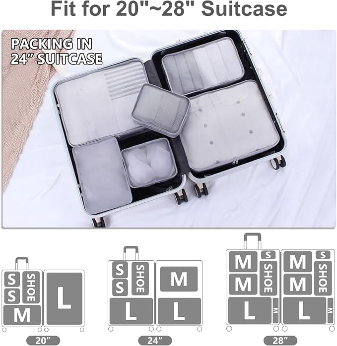 Packing cubes for Travel, CALACH Luggage Organizer Bags 6 Set Packing Cubes for Suitcases Travel Essentials for Carry on Mesh Suitcase Organizer with Shoe Bag (grey) - Image 5