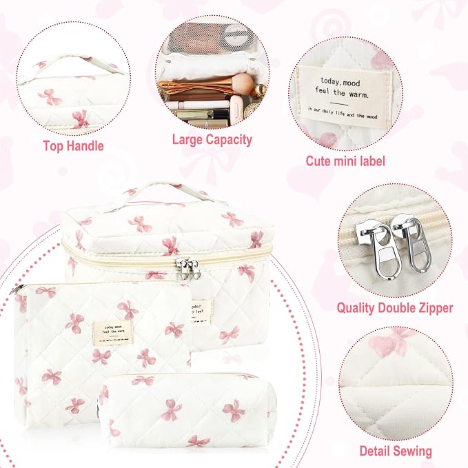 URSKYTOUS 3Pcs Cotton Quilted Makeup Bag for Women Extra Large Coquette Small Floral Travel Cosmetic Bag Set Aesthetic Cute Bow Makeup Pouch Portable Toiletry Bag Puffy Essential Storage Organizer - Image 3