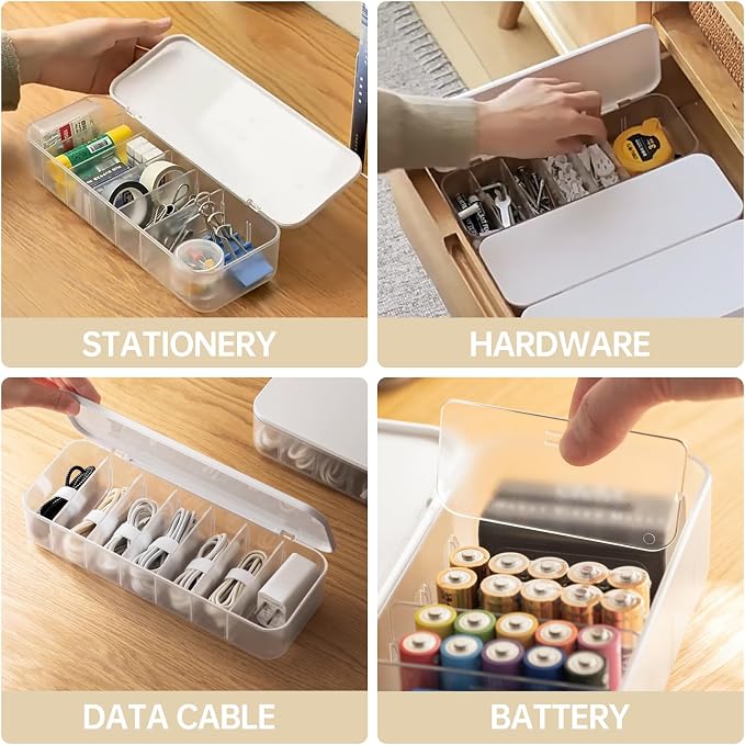 PAVSTINE Cable Organizer Storage Box with Lid, 7 Wire Ties, White | Adjustable Dividers, Holds Power Cords & Charger, Dust-Proof, Desktop Accessories & Stationery Supplies for Home & Office - Image 5