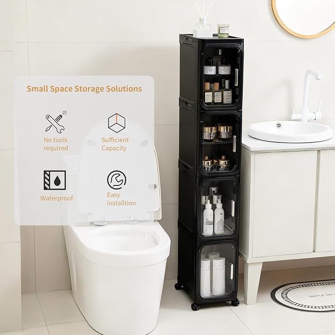 3-Tier Narrow Slim Bathroom Storage Cabinet with Wheels, Black | Tool Free Assembly, Adjustable Shelves, Fits for Narrow Spaces, Reinforced Stability, Magnetic Clear Door - Image 3
