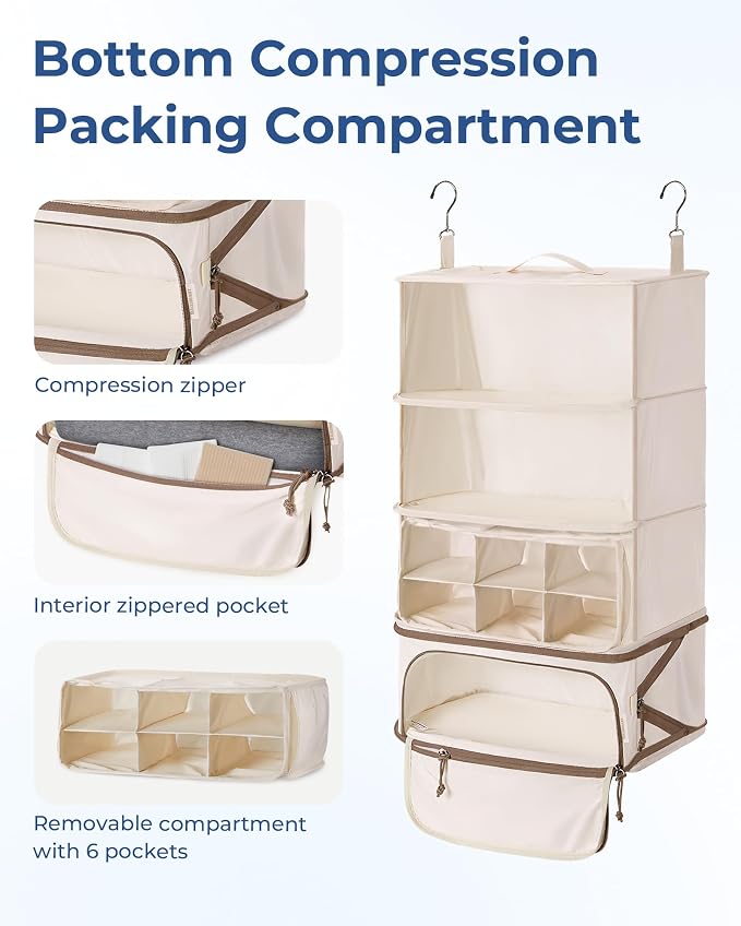 BAGSMART Hanging Packing Cubes for Travel, Hanging Shelves for Suitcases Organizers, Wet Dry Bags 5 Pack, Travel Bags Reusable for Swimsuits (Beige) - Image 3