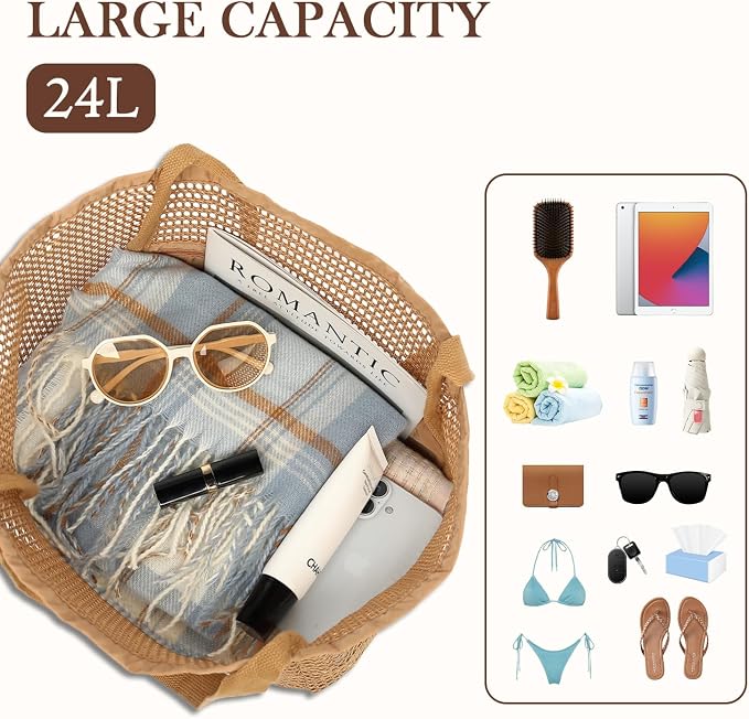 Fammart Mesh Beach Bag for Women, Summer Straw Tote Hobo Pool Bags with Zipper Pocket, Travel Vacation Cruise Essentials 2026 - Image 6