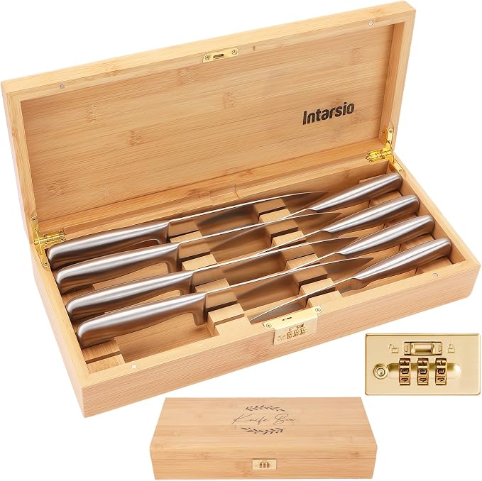 Upgraded Lockable Large Bamboo Knife Storage Box with Magnetic Removable Knife Blocks for Easy, Quick and Safe Culinary Tools Storage, Keyless Kitchen Combination Lock Box, Great Kitchen Gifts by INTARSIO3D