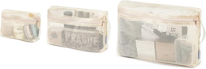 NOL 3-Pack Mesh Travel Toiletry Bags - Clear Zipper Travel Organizer, Airport Carry-On Compliant Reusable Cosmetic Makeup Bag for Women & Men (Cream) by NOLNaturalOrganicLifestyle