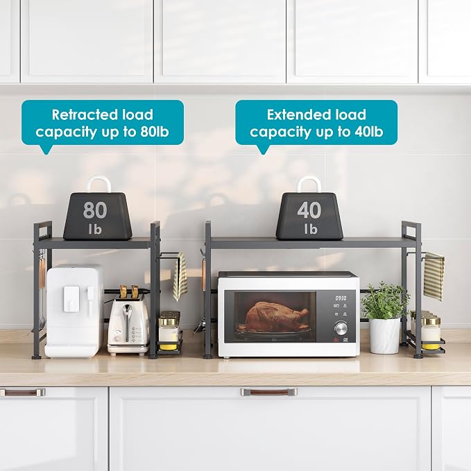 DOLALIKE Microwave Oven Rack, Expandable Microwave Stand Countertop Kitchen Utensils Tableware Storage, Carbon Steel Over Microwave Shelf Countertop with 6 Hooks | Adjustable Microwave Oven Rack Metal Storage Shelf for Pans Small Appliances Kitchen Ute... - Image 7