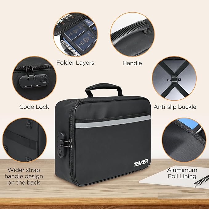 Document Bag with Lock, Fireproof File Storage Case with Water-Resistant, TENKER Organizer Box for Document, Safe Portable Travel Home Organizer for Laptop, Files, Certificates, Black(15''x11''x4'') - Image 3
