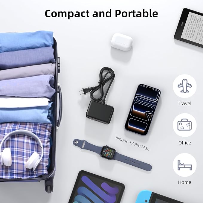 100W 6 in 1 USB Charger, 50% Smaller Charging Station for Multiple Devices | Fast Charging Blocks with Type C Port, USB Charging Hub Organizer Multiport Power Strip for iPhone,Samsung,Ipad,Kindle,Travel - Image 5