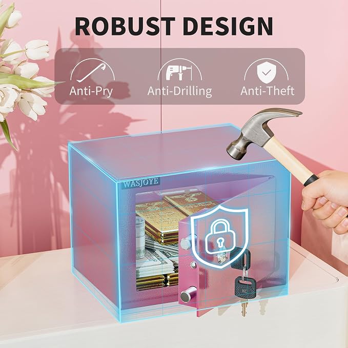 Small Safe with Key for Money, 0.25 Cu Ft Key Lock Box (Pink) | Small Safe Box Coffre Fort for Cash Jewelry Medicine Passport, Steel High Security Safety Box - Image 3