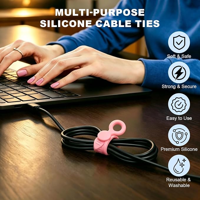 30Pcs Silicone Cable Ties Reusable Wire Organizer Straps | Fastening Earphones,Chargers, Home Office,Desk,Kitchen Appliance Cables & Wires Cable Ties Cord Organizers(5 Colors) - Image 4