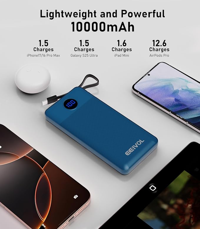 Portable Charger with Built in Cables, Slim 10000mAh Power Bank, USB C Battery Pack Travel, 4 Output 2 Input External Charging Bank for iPhone 17/16/15/14/13,Samsung, Android, etc-Blue(1 Pack) - Image 8