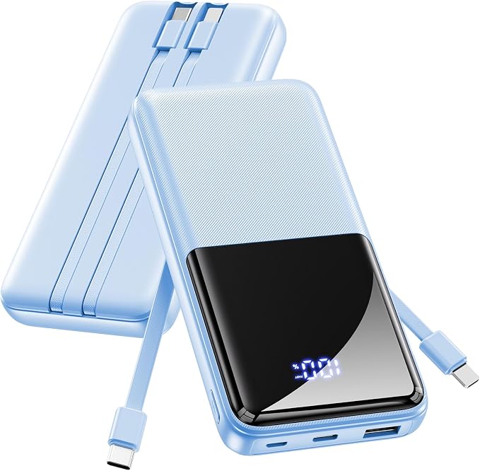 CFIAI Portable Charger 15000mAh Slim Power Bank with Built in Cables | 22.5W Fast Charge, Travel Essential, 50% Larger Capacity USB C Battery Pack for iPhone Samsung Google Android, Glacier by CFIAI
