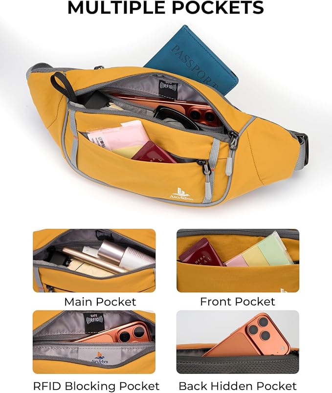 2.5L Fanny Pack for Women & Men, RFID Blocking & Water Resistant Crossbody Belt Bag, Lightweight Adjustable Waist Bag for Running, Hiking, Cycling & Walking (Yellow) - Image 3