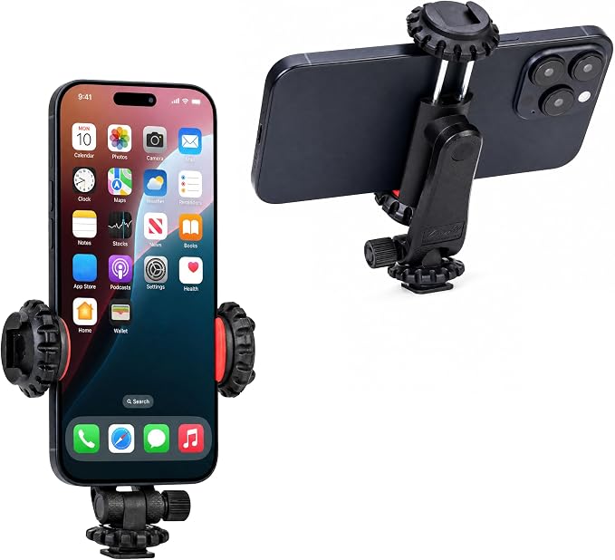 Zeadio Universal Phone Tripod Mount, Cell Phone Holder Clamp with Dual Rotatable Cold Shoe, 360° Rotation & 180° Tilt for Camera Hot Shoe, Vlogging, Video Recording by Zeadio