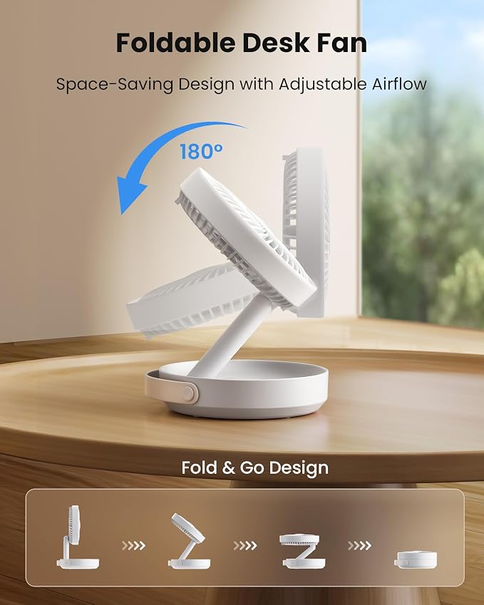 Gaiatop Foldable Desk Fan with Night Light, 6.8in Portable Travel Fan | 6000mAh Battery Powered Fan, USB Rechargeable, Bedroom Office Camping Travel & Cruise Essentials, Gifts for Women Men, White - Image 2