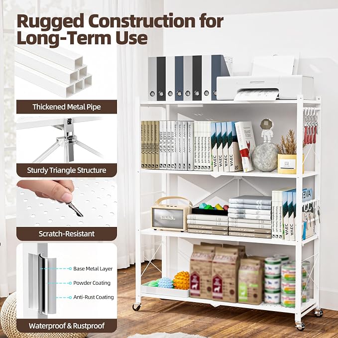 39.4" Wide 4-Tier Foldable Storage Shelves with Wheels & 20 Hooks | Heavy Duty Metal Folding Shelf Unit, No Assembly, Adjustable 3rd Shelf for Kitchen, Garage, Pantry, Bookshelf, White - Image 3