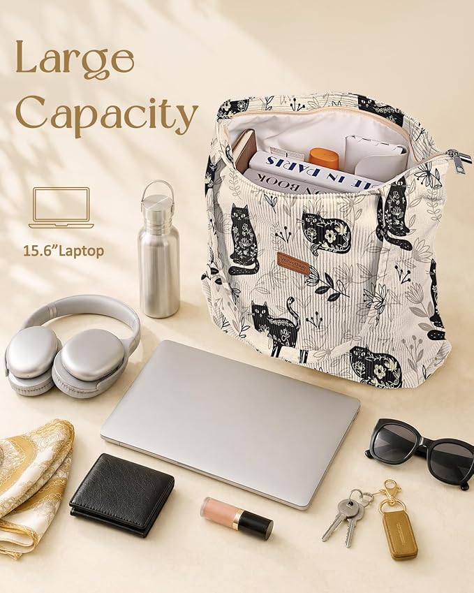 Aesthetic Corduroy Tote Bag with Zipper for Women | Reusable, Fits 14 Inch Laptop, Inner Pocket, double-sided print, Lightweight - Image 6