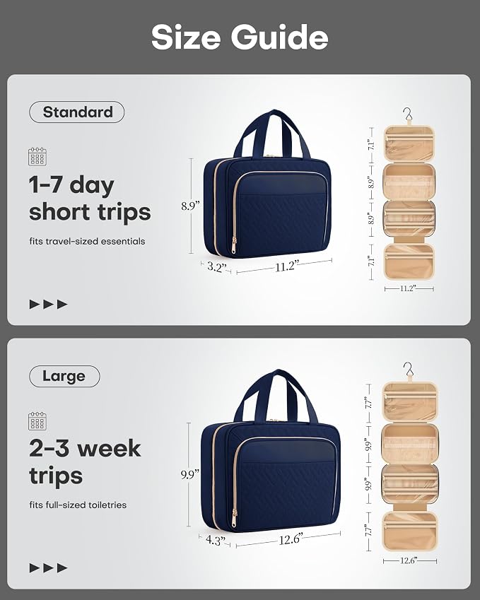 HOTOR Hanging Travel Toiletry Bag Women Men, Dark Blue, Medium | Waterproof Makeup Bag Hanging Hook,Multiple Pockets,Travel Essentials,11.2 x 3.2 x 8.9inches - Image 2
